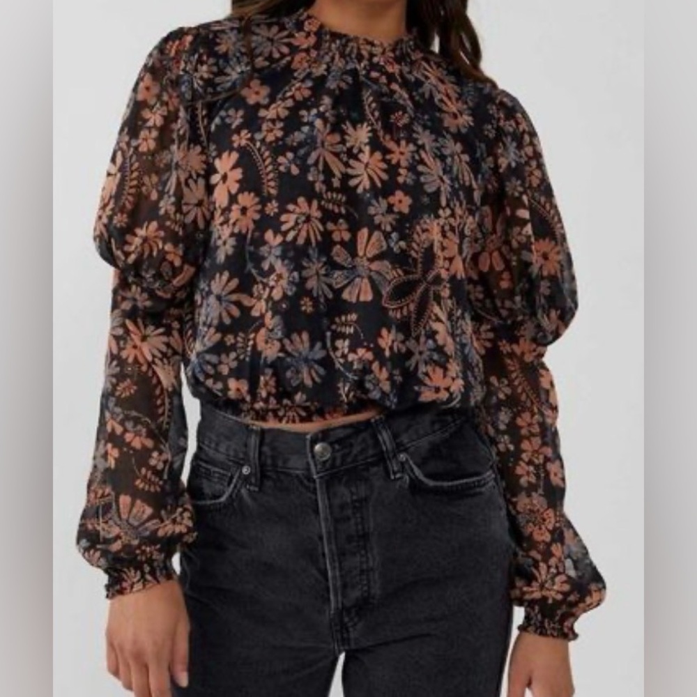 Free People Clarissa‎ Printed Top Midnight Combo Small long-sleeve blouse floral